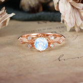Round Cut Moonstone Engagement Ring Unique Distance Band Ring